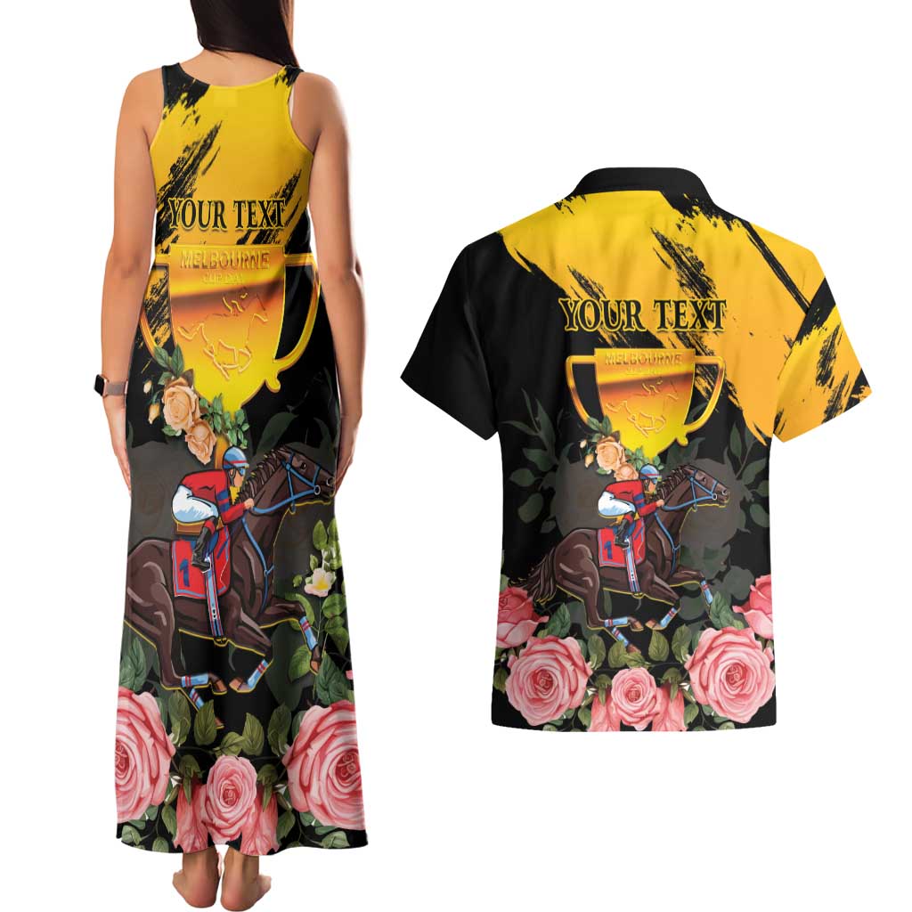 Personalised Australia Melbourne Cup Day Couples Matching Tank Maxi Dress and Hawaiian Shirt Horse Racing Trophy With Roses - Wonder Print Shop