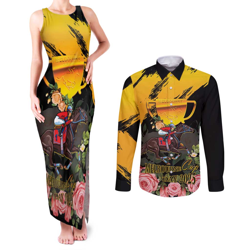 Personalised Australia Melbourne Cup Day Couples Matching Tank Maxi Dress and Long Sleeve Button Shirt Horse Racing Trophy With Roses - Wonder Print Shop