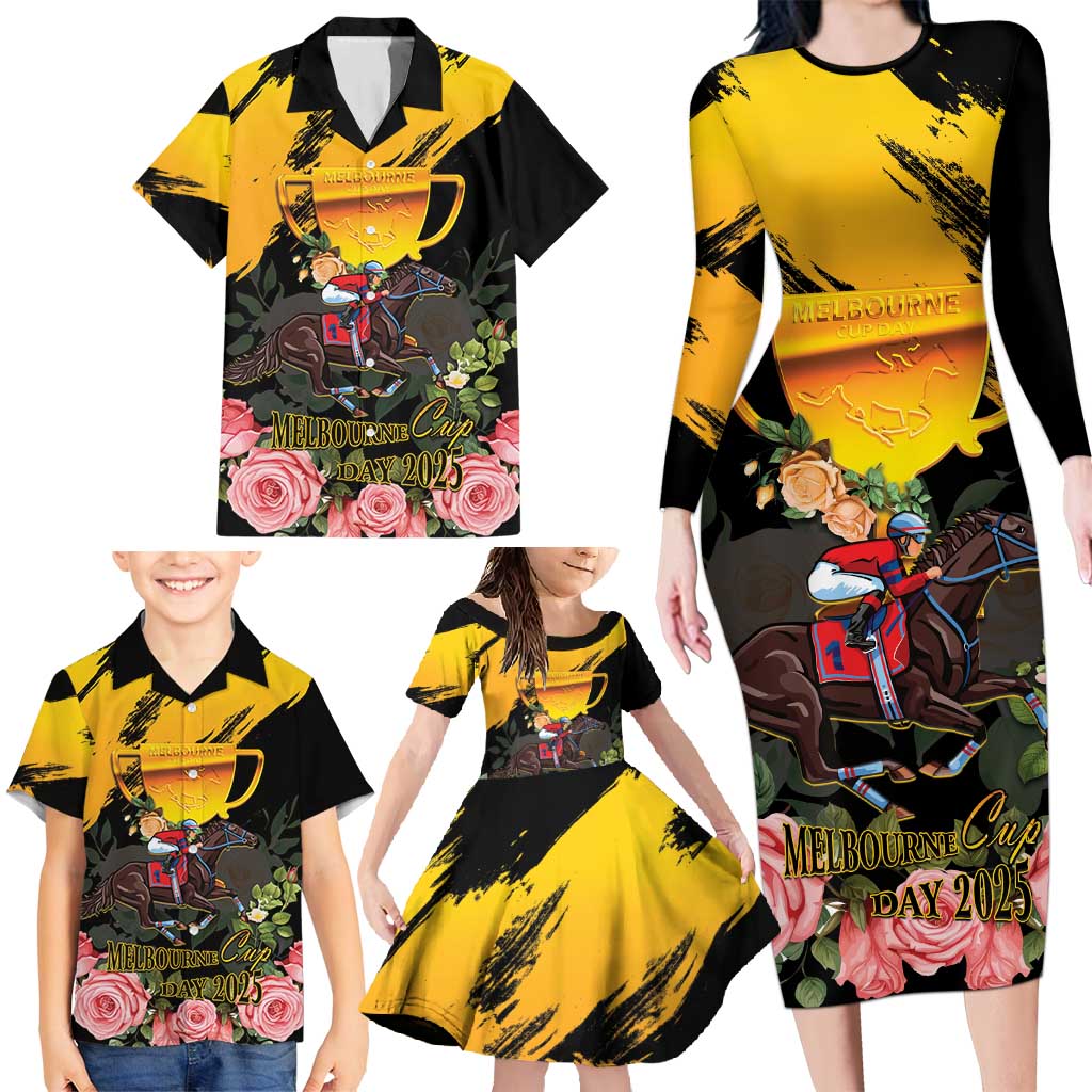 Personalised Australia Melbourne Cup Day Family Matching Long Sleeve Bodycon Dress and Hawaiian Shirt Horse Racing Trophy With Roses - Wonder Print Shop