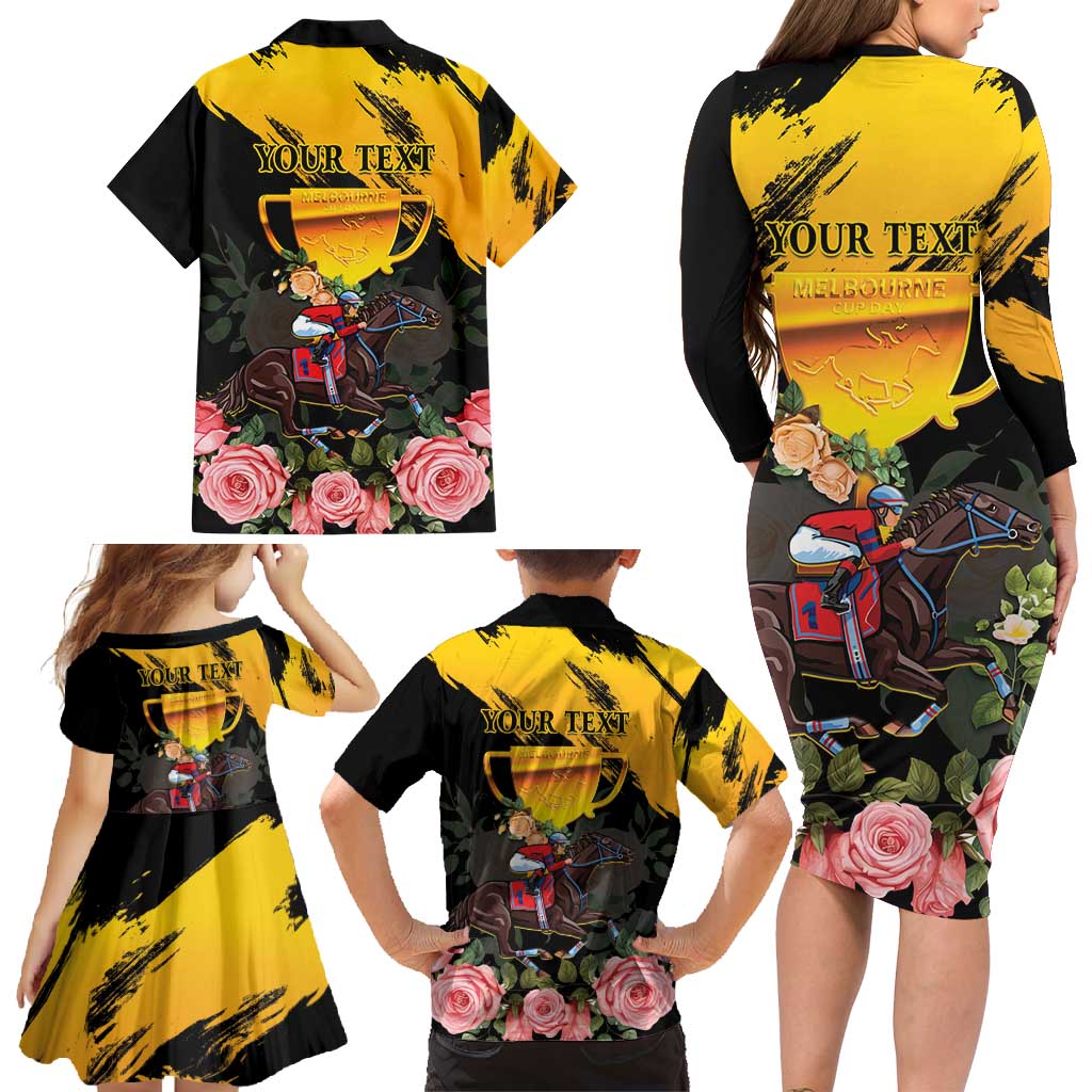 Personalised Australia Melbourne Cup Day Family Matching Long Sleeve Bodycon Dress and Hawaiian Shirt Horse Racing Trophy With Roses - Wonder Print Shop