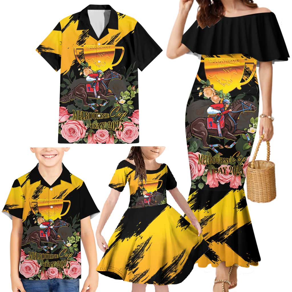 Personalised Australia Melbourne Cup Day Family Matching Mermaid Dress and Hawaiian Shirt Horse Racing Trophy With Roses - Wonder Print Shop