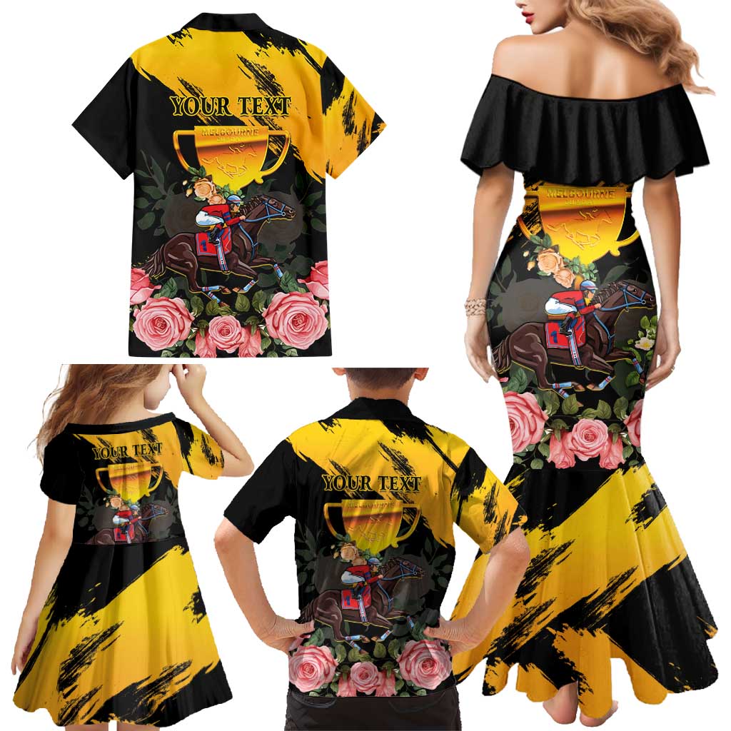 Personalised Australia Melbourne Cup Day Family Matching Mermaid Dress and Hawaiian Shirt Horse Racing Trophy With Roses - Wonder Print Shop