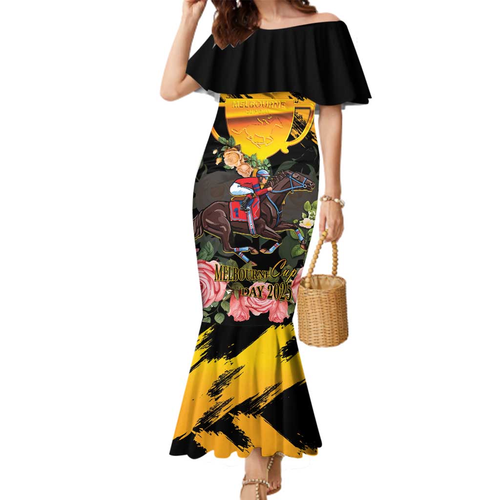 Personalised Australia Melbourne Cup Day Family Matching Mermaid Dress and Hawaiian Shirt Horse Racing Trophy With Roses - Wonder Print Shop