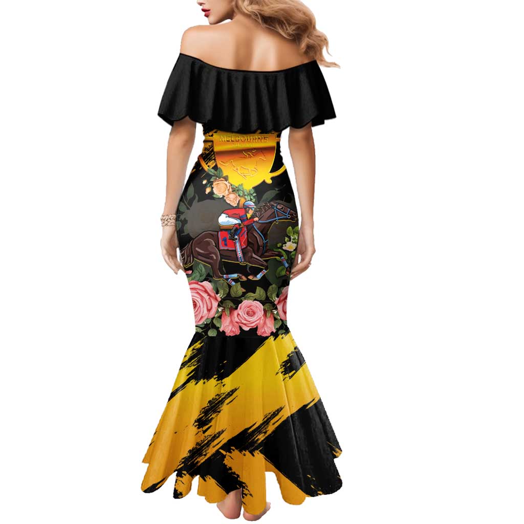 Personalised Australia Melbourne Cup Day Family Matching Mermaid Dress and Hawaiian Shirt Horse Racing Trophy With Roses - Wonder Print Shop