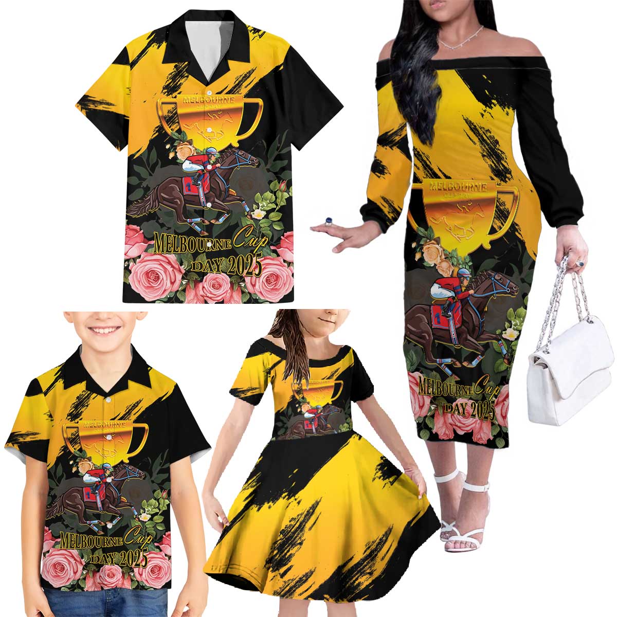 Personalised Australia Melbourne Cup Day Family Matching Off The Shoulder Long Sleeve Dress and Hawaiian Shirt Horse Racing Trophy With Roses - Wonder Print Shop