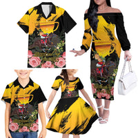 Personalised Australia Melbourne Cup Day Family Matching Off The Shoulder Long Sleeve Dress and Hawaiian Shirt Horse Racing Trophy With Roses - Wonder Print Shop