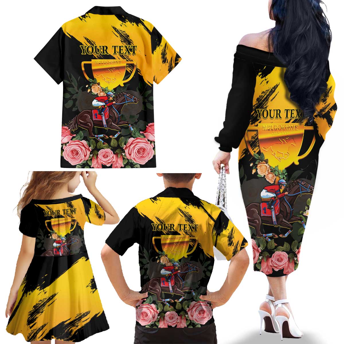 Personalised Australia Melbourne Cup Day Family Matching Off The Shoulder Long Sleeve Dress and Hawaiian Shirt Horse Racing Trophy With Roses - Wonder Print Shop
