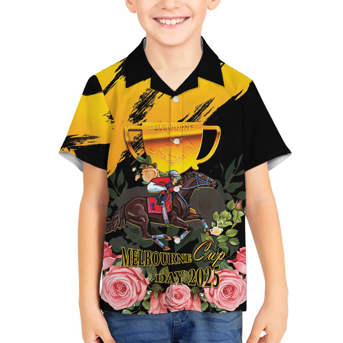 Personalised Australia Melbourne Cup Day Family Matching Off The Shoulder Long Sleeve Dress and Hawaiian Shirt Horse Racing Trophy With Roses - Wonder Print Shop