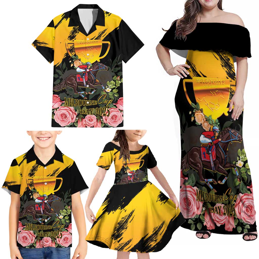 Personalised Australia Melbourne Cup Day Family Matching Off Shoulder Maxi Dress and Hawaiian Shirt Horse Racing Trophy With Roses - Wonder Print Shop