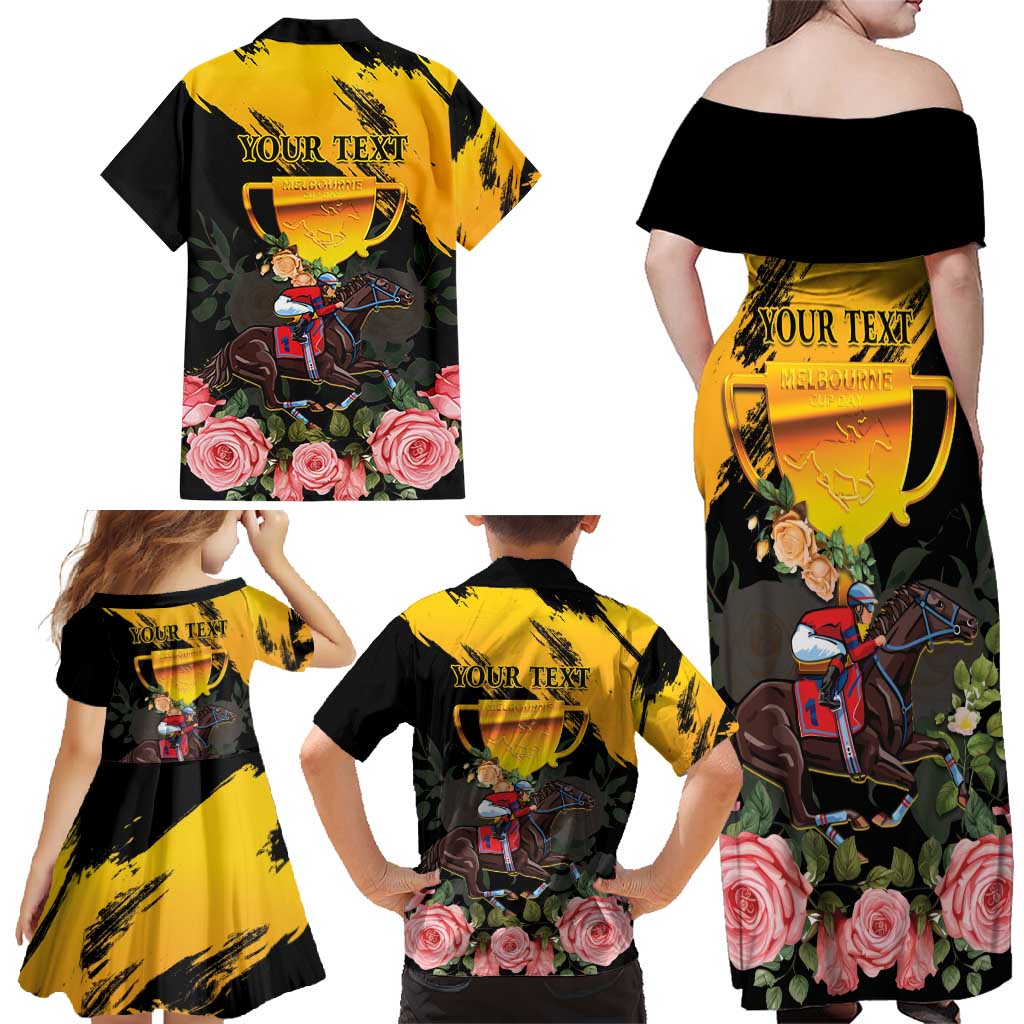 Personalised Australia Melbourne Cup Day Family Matching Off Shoulder Maxi Dress and Hawaiian Shirt Horse Racing Trophy With Roses - Wonder Print Shop