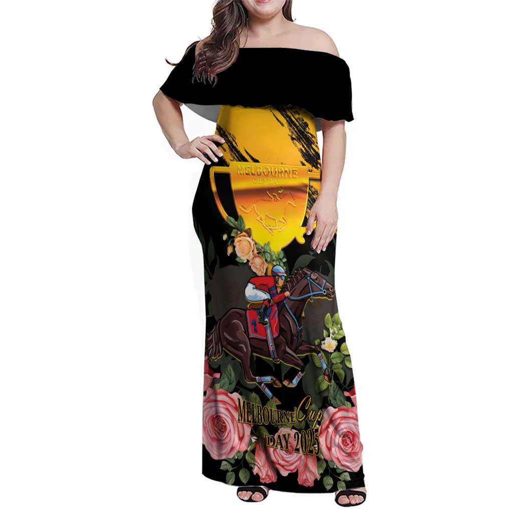 Personalised Australia Melbourne Cup Day Family Matching Off Shoulder Maxi Dress and Hawaiian Shirt Horse Racing Trophy With Roses - Wonder Print Shop
