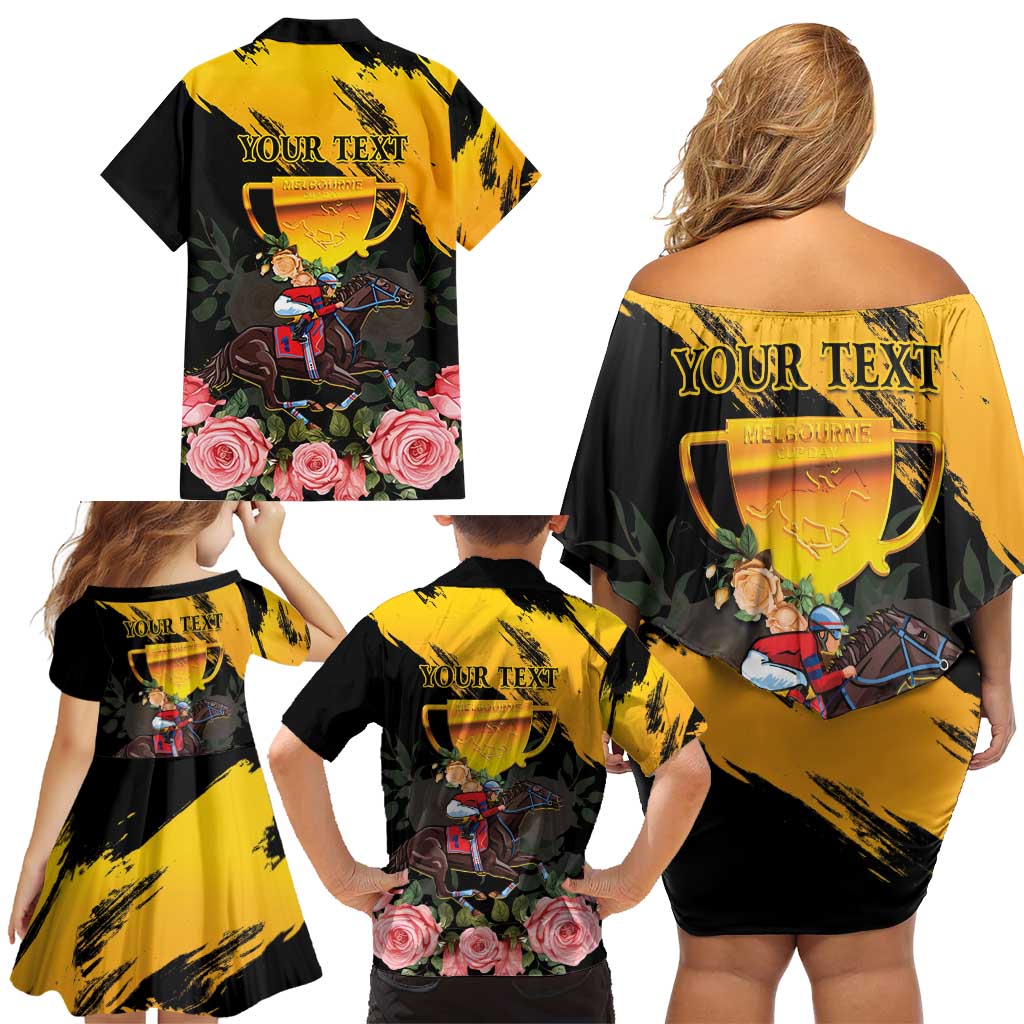 Personalised Australia Melbourne Cup Day Family Matching Off Shoulder Short Dress and Hawaiian Shirt Horse Racing Trophy With Roses - Wonder Print Shop