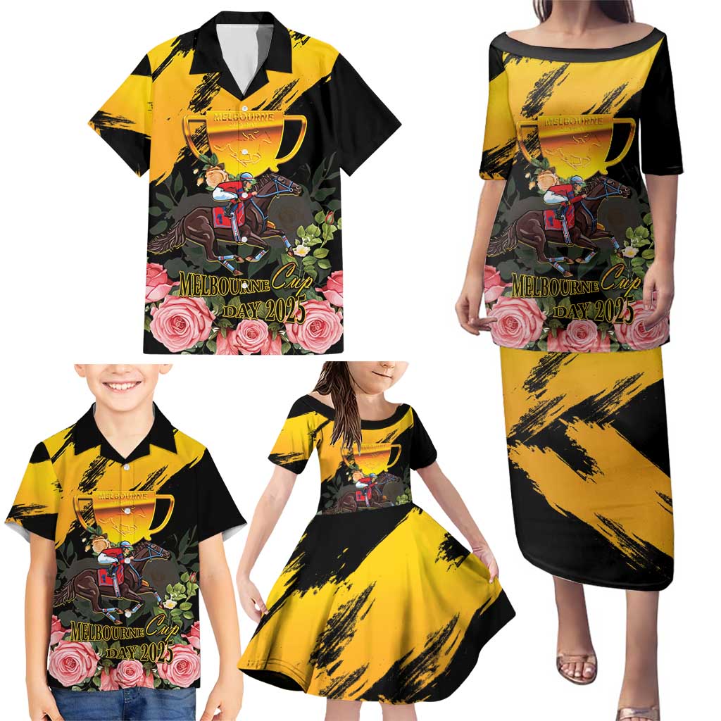 Personalised Australia Melbourne Cup Day Family Matching Puletasi and Hawaiian Shirt Horse Racing Trophy With Roses - Wonder Print Shop