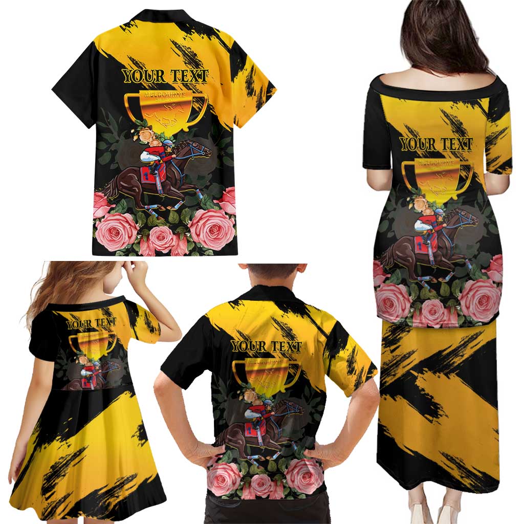 Personalised Australia Melbourne Cup Day Family Matching Puletasi and Hawaiian Shirt Horse Racing Trophy With Roses - Wonder Print Shop