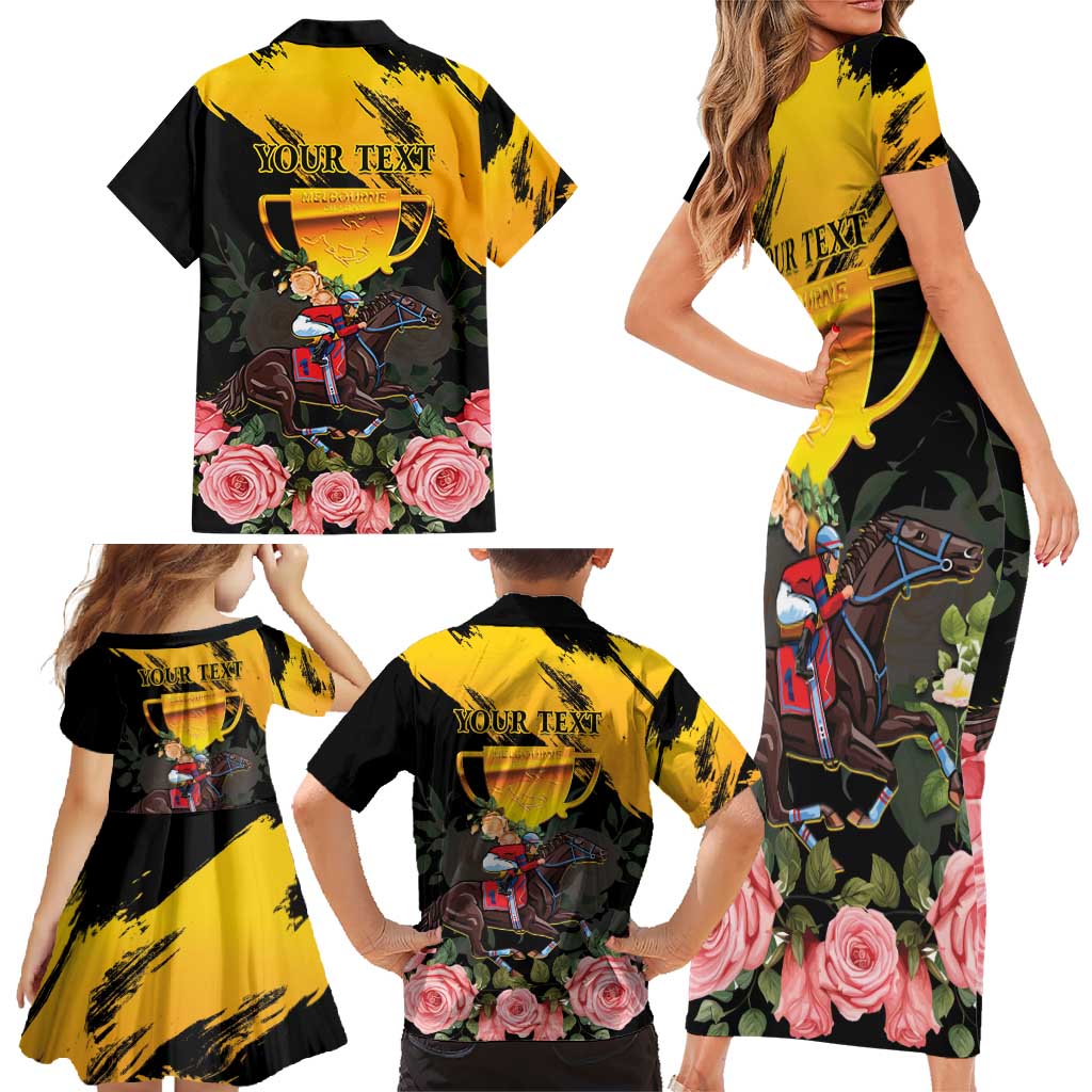 Personalised Australia Melbourne Cup Day Family Matching Short Sleeve Bodycon Dress and Hawaiian Shirt Horse Racing Trophy With Roses - Wonder Print Shop