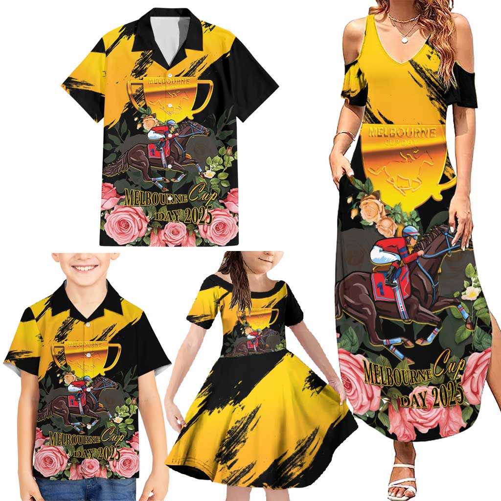 Personalised Australia Melbourne Cup Day Family Matching Summer Maxi Dress and Hawaiian Shirt Horse Racing Trophy With Roses - Wonder Print Shop