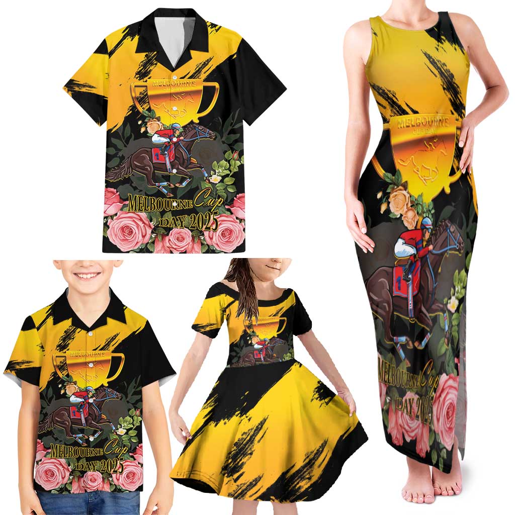 Personalised Australia Melbourne Cup Day Family Matching Tank Maxi Dress and Hawaiian Shirt Horse Racing Trophy With Roses - Wonder Print Shop