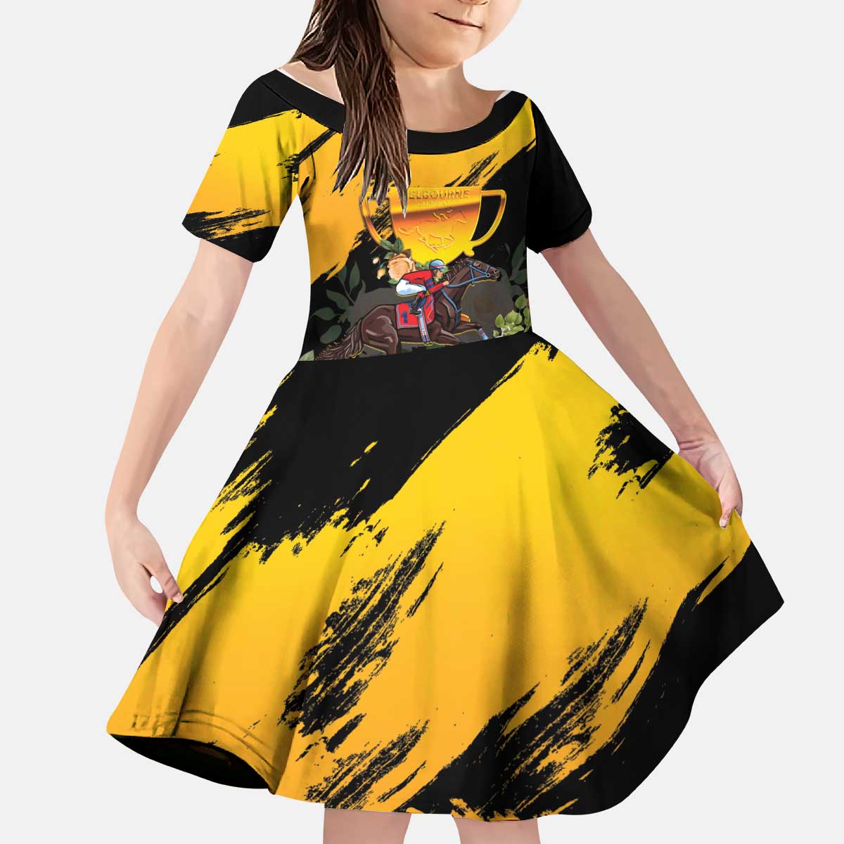 Personalised Australia Melbourne Cup Day Kid Short Sleeve Dress Horse Racing Trophy With Roses - Wonder Print Shop