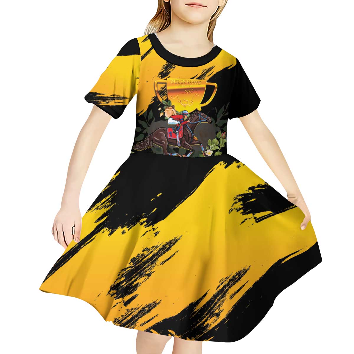 Personalised Australia Melbourne Cup Day Kid Short Sleeve Dress Horse Racing Trophy With Roses - Wonder Print Shop