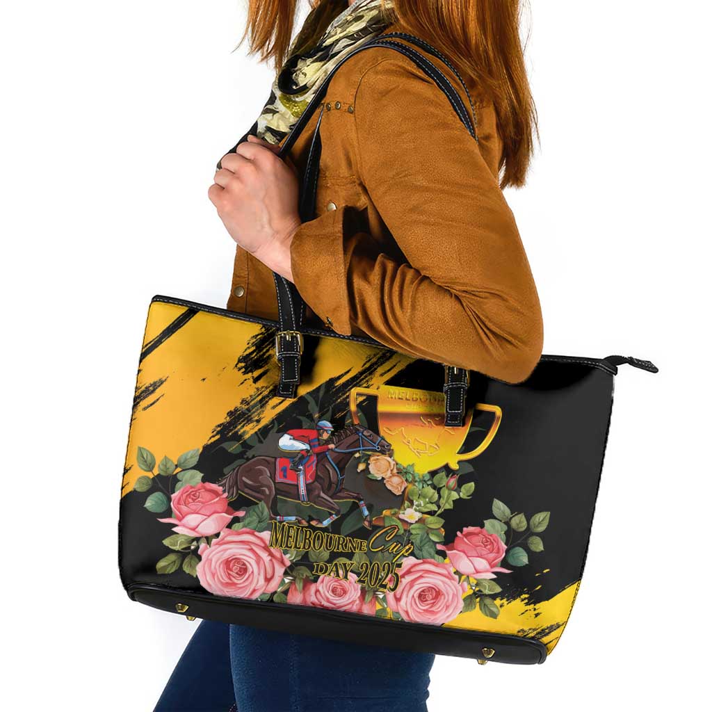 Australia Melbourne Cup Day Leather Tote Bag Horse Racing Trophy With Roses - Wonder Print Shop