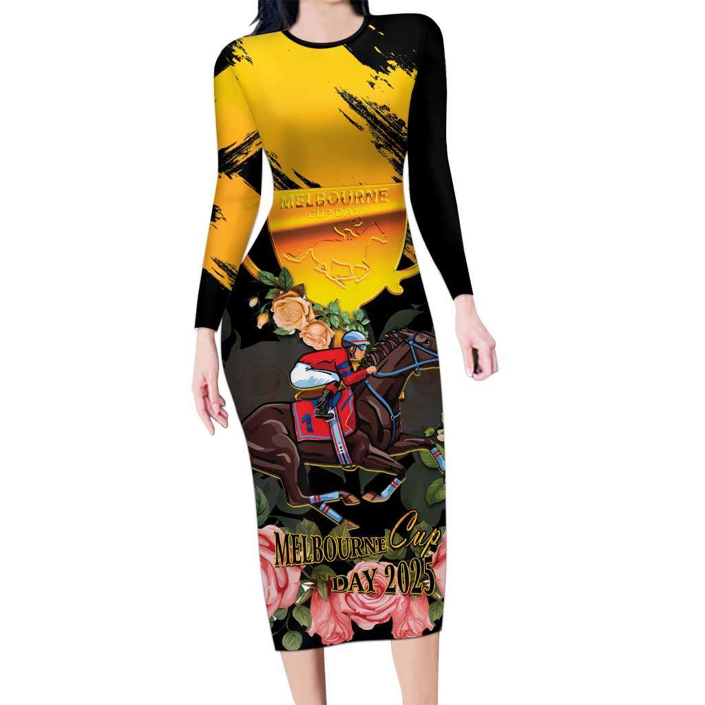 Personalised Australia Melbourne Cup Day Long Sleeve Bodycon Dress Horse Racing Trophy With Roses - Wonder Print Shop