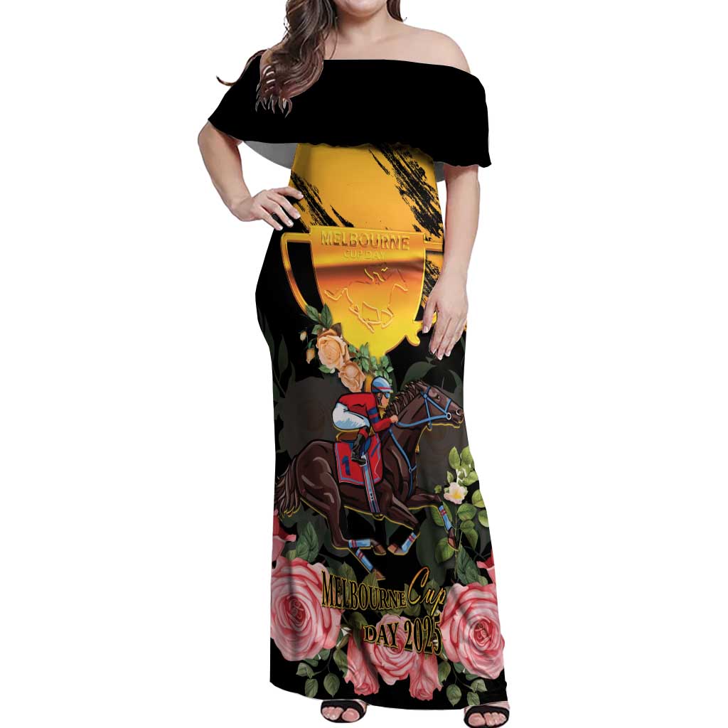 Personalised Australia Melbourne Cup Day Off Shoulder Maxi Dress Horse Racing Trophy With Roses - Wonder Print Shop