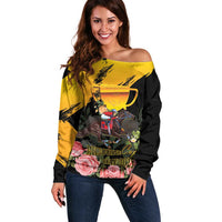 Personalised Australia Melbourne Cup Day Off Shoulder Sweater Horse Racing Trophy With Roses - Wonder Print Shop