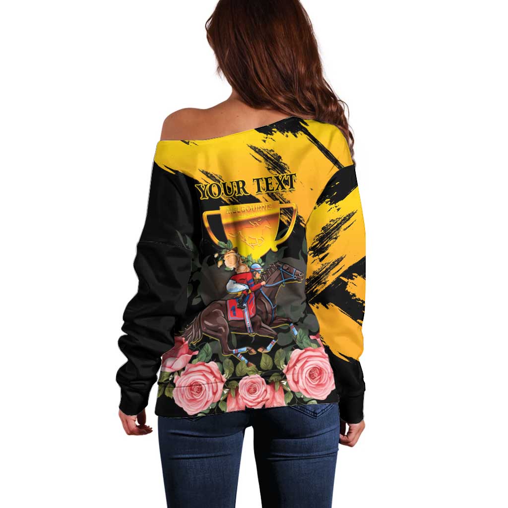 Personalised Australia Melbourne Cup Day Off Shoulder Sweater Horse Racing Trophy With Roses - Wonder Print Shop