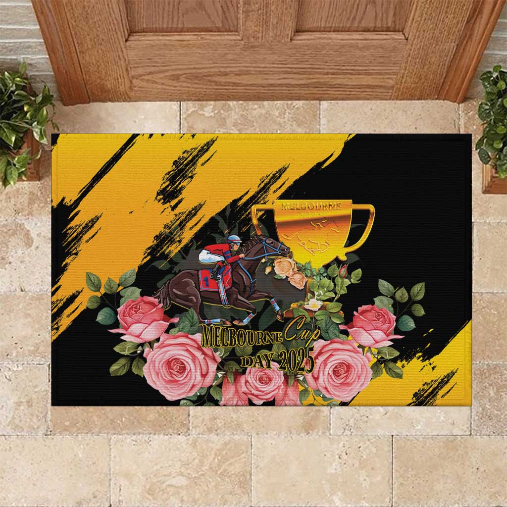 Australia Melbourne Cup Day Rubber Doormat Horse Racing Trophy With Roses - Wonder Print Shop
