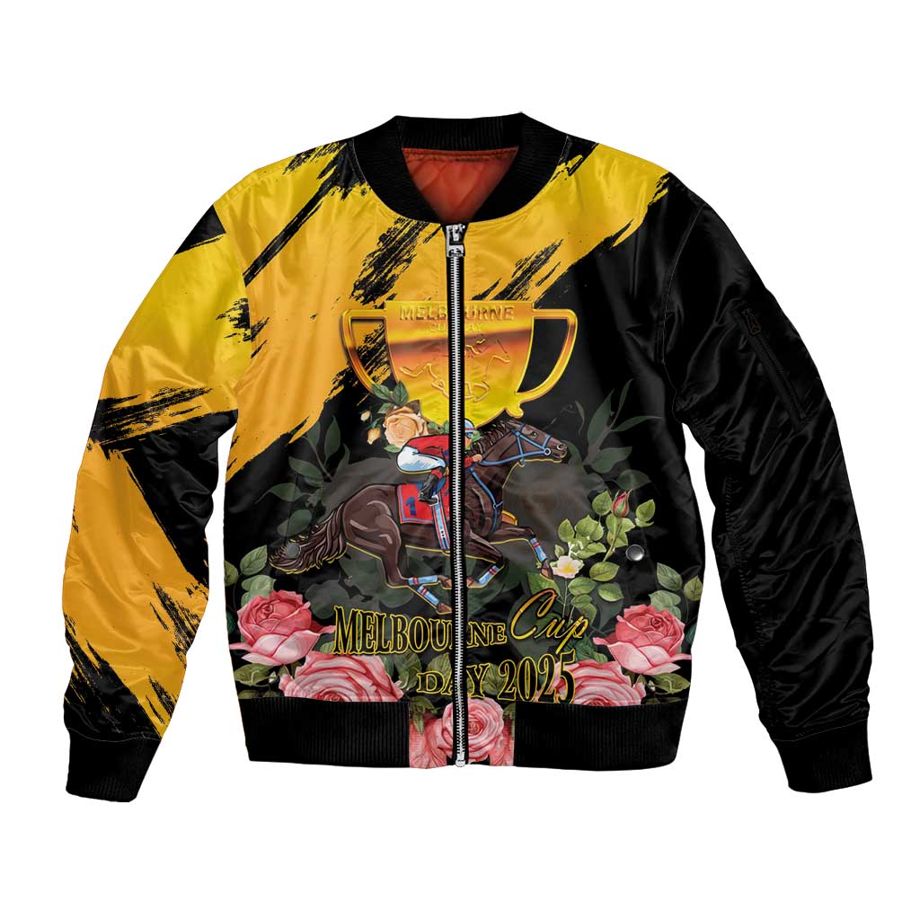 Personalised Australia Melbourne Cup Day Sleeve Zip Bomber Jacket Horse Racing Trophy With Roses - Wonder Print Shop