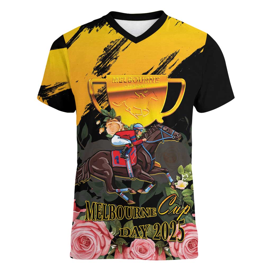 Personalised Australia Melbourne Cup Day Women V-Neck T-Shirt Horse Racing Trophy With Roses - Wonder Print Shop