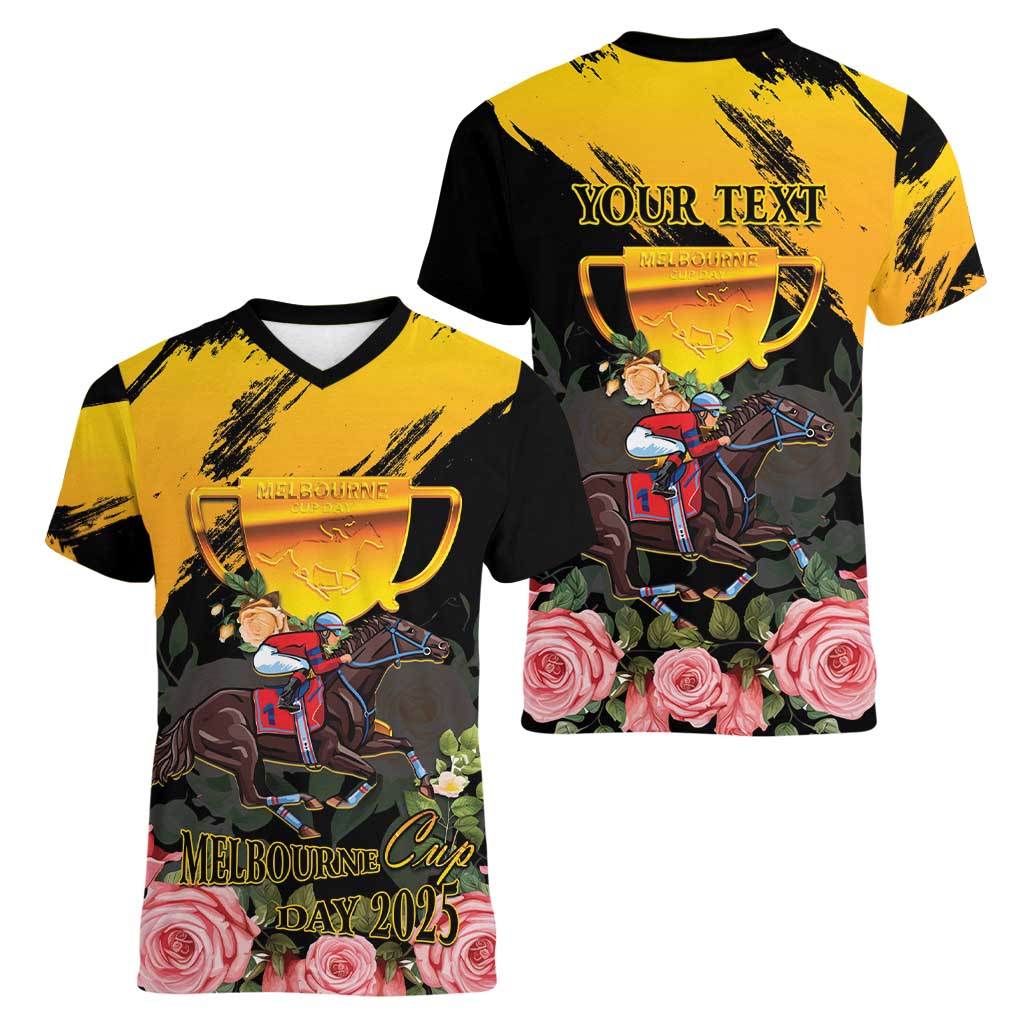 Personalised Australia Melbourne Cup Day Women V-Neck T-Shirt Horse Racing Trophy With Roses - Wonder Print Shop