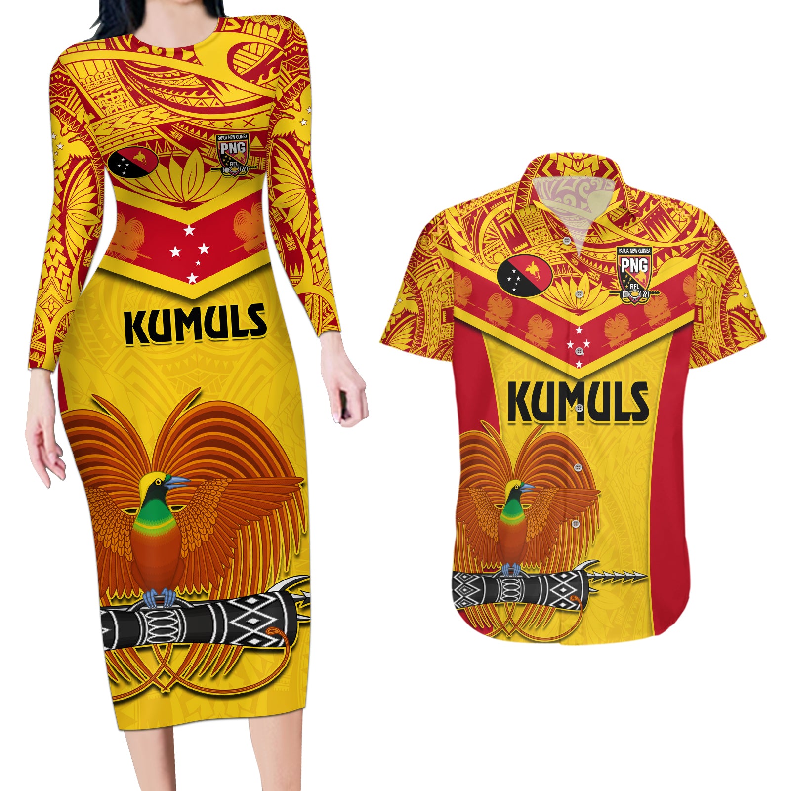 Custom Papua New Guinea Rugby Couples Matching Long Sleeve Bodycon Dress and Hawaiian Shirt 2023 Go Kumuls Pacific Dynamic Style - Wonder Print Shop