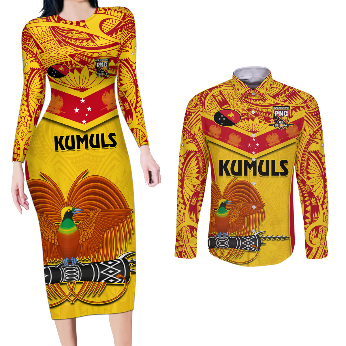 Custom Papua New Guinea Rugby Couples Matching Long Sleeve Bodycon Dress and Long Sleeve Button Shirt 2023 Go Kumuls Pacific Dynamic Style - Wonder Print Shop