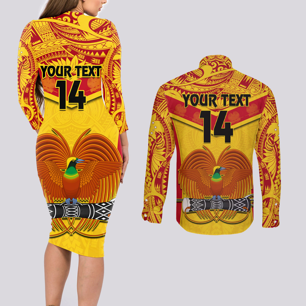 Custom Papua New Guinea Rugby Couples Matching Long Sleeve Bodycon Dress and Long Sleeve Button Shirt 2023 Go Kumuls Pacific Dynamic Style - Wonder Print Shop