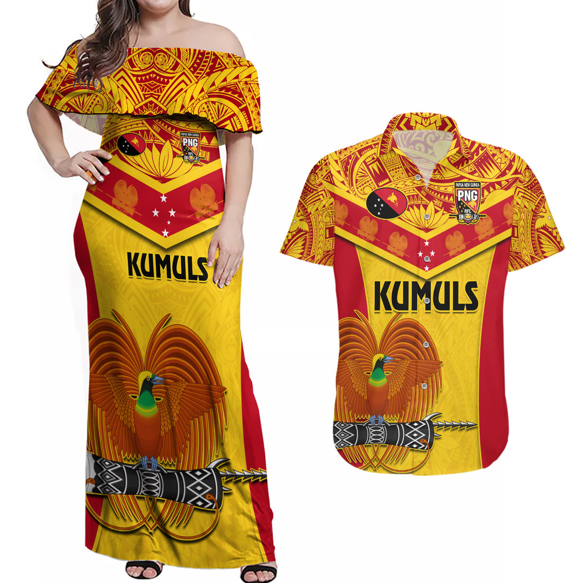 Custom Papua New Guinea Rugby Couples Matching Off Shoulder Maxi Dress and Hawaiian Shirt 2023 Go Kumuls Pacific Dynamic Style - Wonder Print Shop