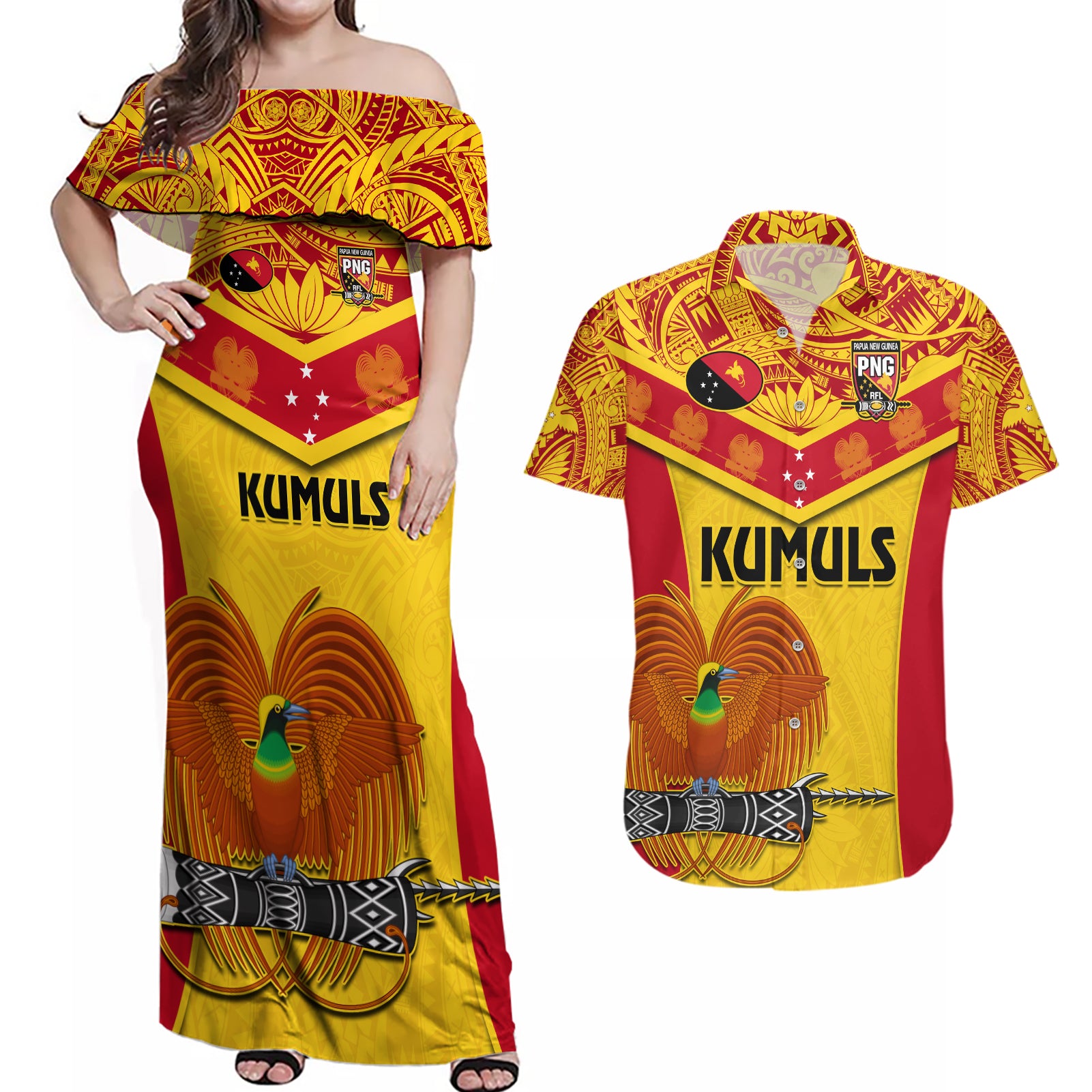 Custom Papua New Guinea Rugby Couples Matching Off Shoulder Maxi Dress and Hawaiian Shirt 2023 Go Kumuls Pacific Dynamic Style - Wonder Print Shop