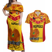 Custom Papua New Guinea Rugby Couples Matching Off Shoulder Maxi Dress and Hawaiian Shirt 2023 Go Kumuls Pacific Dynamic Style - Wonder Print Shop