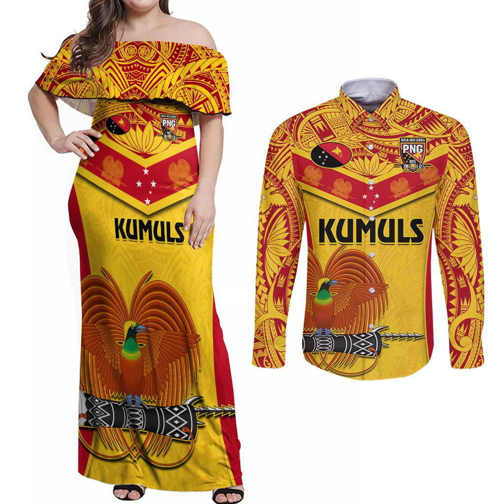 Custom Papua New Guinea Rugby Couples Matching Off Shoulder Maxi Dress and Long Sleeve Button Shirt 2023 Go Kumuls Pacific Dynamic Style - Wonder Print Shop