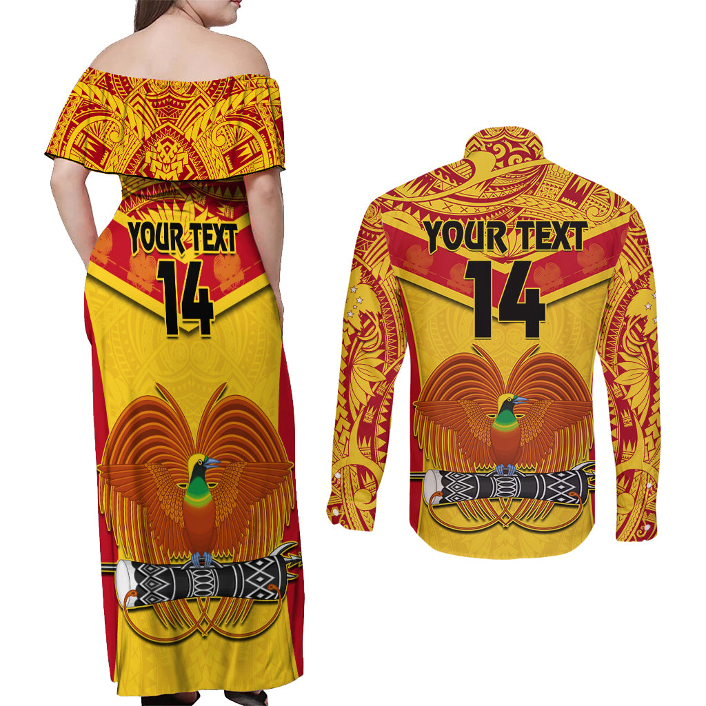 Custom Papua New Guinea Rugby Couples Matching Off Shoulder Maxi Dress and Long Sleeve Button Shirt 2023 Go Kumuls Pacific Dynamic Style - Wonder Print Shop