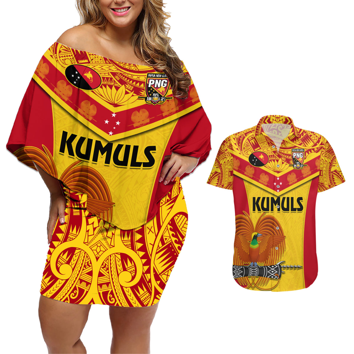 Custom Papua New Guinea Rugby Couples Matching Off Shoulder Short Dress and Hawaiian Shirt 2023 Go Kumuls Pacific Dynamic Style - Wonder Print Shop
