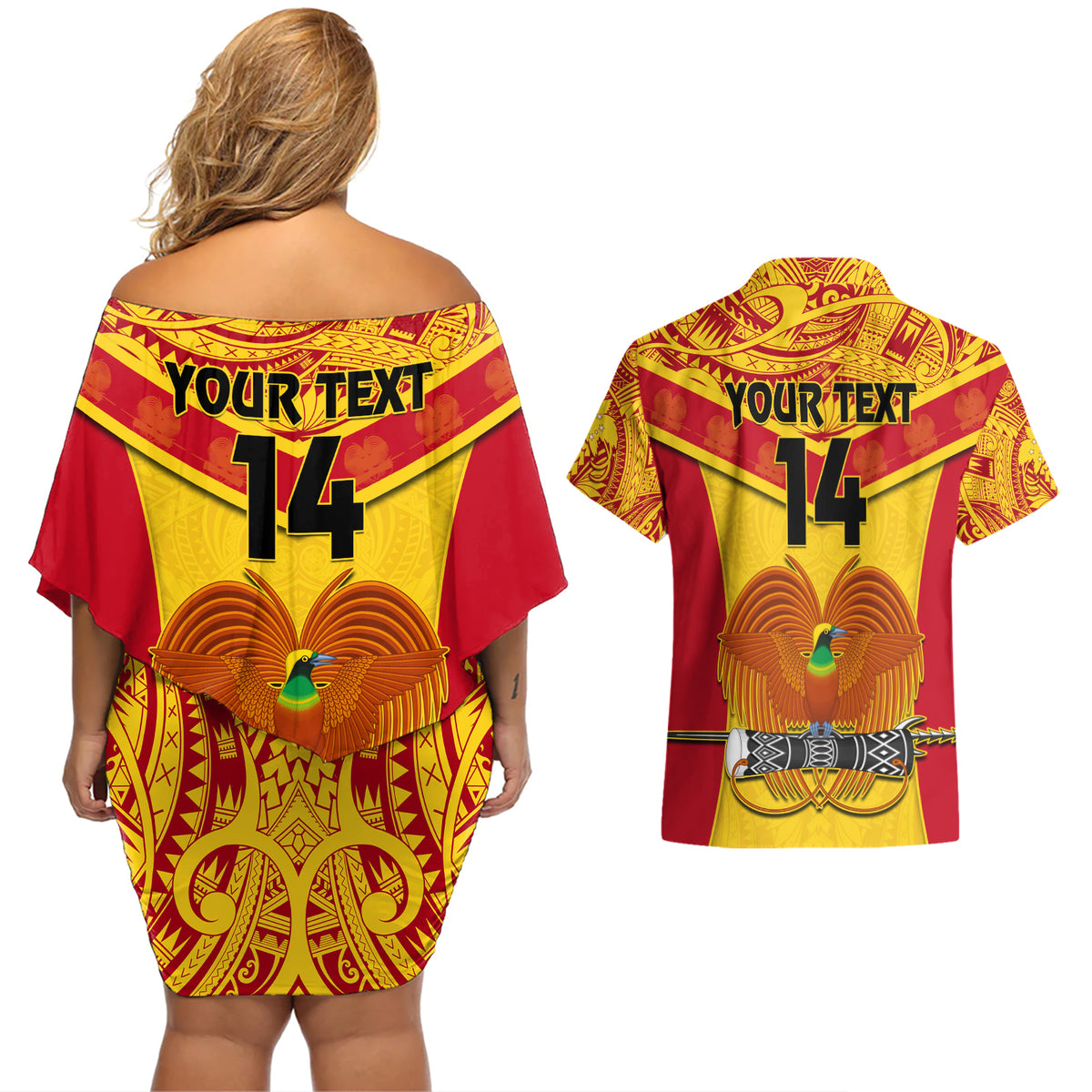 Custom Papua New Guinea Rugby Couples Matching Off Shoulder Short Dress and Hawaiian Shirt 2023 Go Kumuls Pacific Dynamic Style - Wonder Print Shop