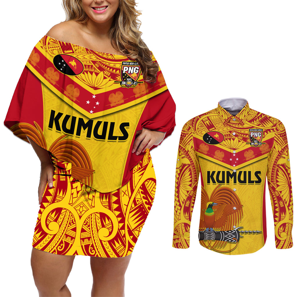 Custom Papua New Guinea Rugby Couples Matching Off Shoulder Short Dress and Long Sleeve Button Shirt 2023 Go Kumuls Pacific Dynamic Style - Wonder Print Shop
