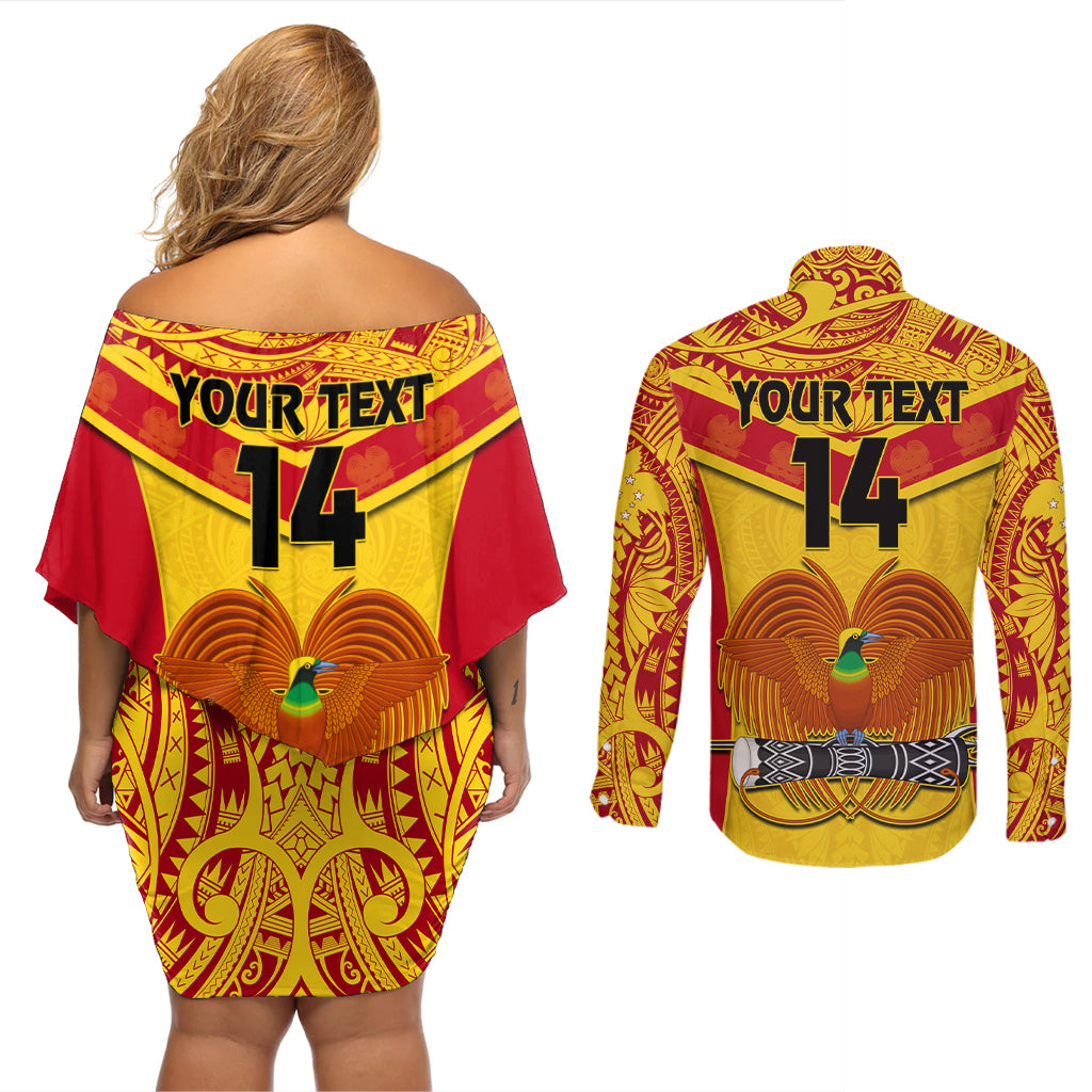 Custom Papua New Guinea Rugby Couples Matching Off Shoulder Short Dress and Long Sleeve Button Shirt 2023 Go Kumuls Pacific Dynamic Style - Wonder Print Shop