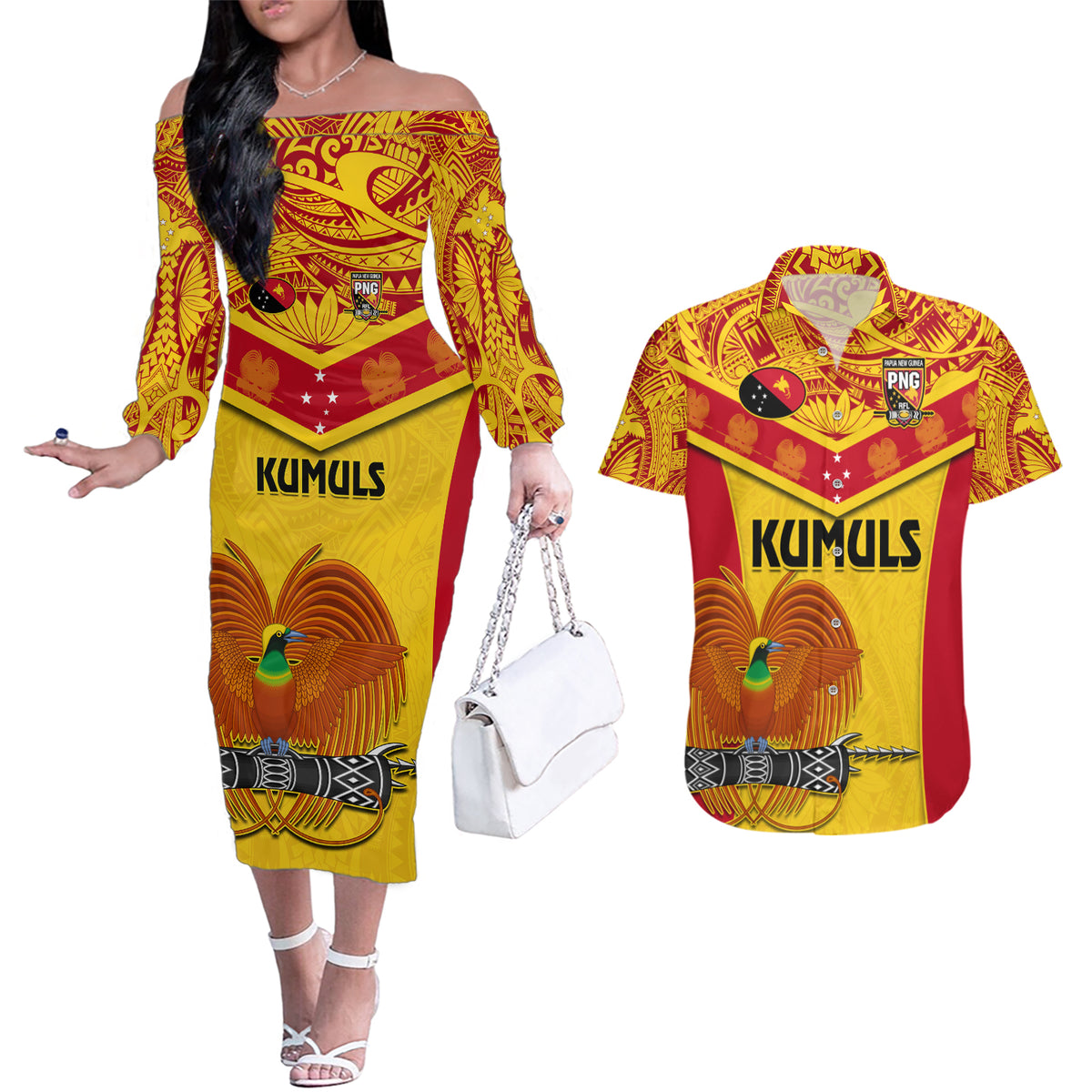 Custom Papua New Guinea Rugby Couples Matching Off The Shoulder Long Sleeve Dress and Hawaiian Shirt 2023 Go Kumuls Pacific Dynamic Style - Wonder Print Shop