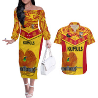Custom Papua New Guinea Rugby Couples Matching Off The Shoulder Long Sleeve Dress and Hawaiian Shirt 2023 Go Kumuls Pacific Dynamic Style - Wonder Print Shop
