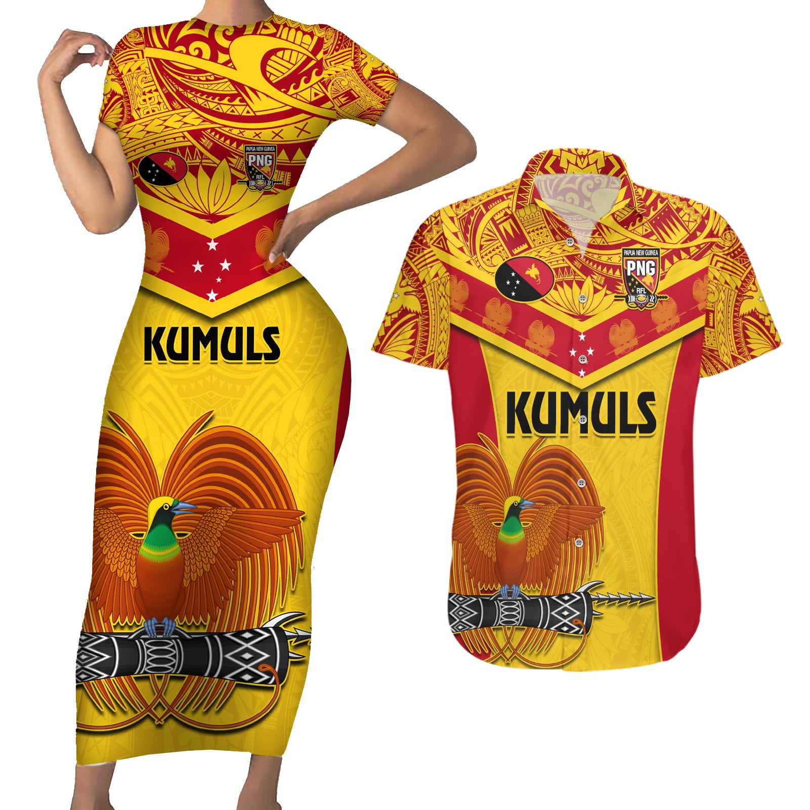 Custom Papua New Guinea Rugby Couples Matching Short Sleeve Bodycon Dress and Hawaiian Shirt 2023 Go Kumuls Pacific Dynamic Style - Wonder Print Shop