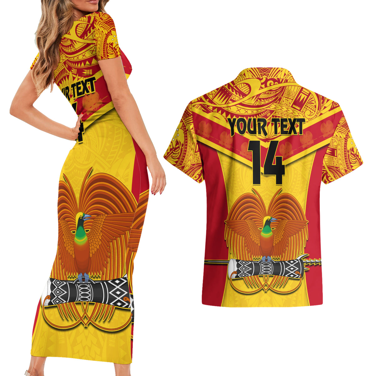 Custom Papua New Guinea Rugby Couples Matching Short Sleeve Bodycon Dress and Hawaiian Shirt 2023 Go Kumuls Pacific Dynamic Style - Wonder Print Shop