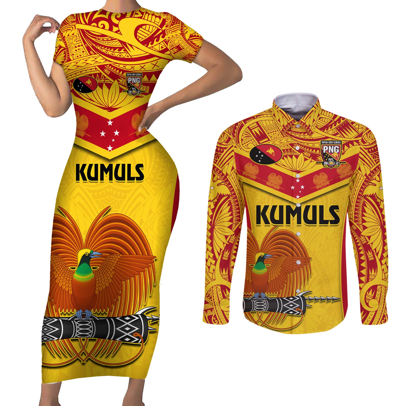 Custom Papua New Guinea Rugby Couples Matching Short Sleeve Bodycon Dress and Long Sleeve Button Shirt 2023 Go Kumuls Pacific Dynamic Style - Wonder Print Shop