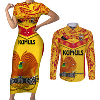 Custom Papua New Guinea Rugby Couples Matching Short Sleeve Bodycon Dress and Long Sleeve Button Shirt 2023 Go Kumuls Pacific Dynamic Style - Wonder Print Shop